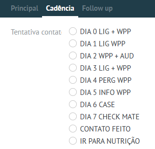 Aba Cadência do Kommo com as opções do Dia 0 ao Dia 7, CONTATO FEITO e IR PARA NUTRIÇÃO