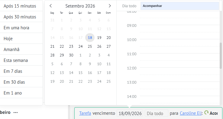 Calendário de vencimento da tarefa no Kommo com data, atalhos de prazo, opção Dia todo e agenda de horários