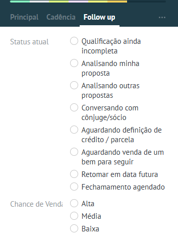 Aba Follow up do Kommo: lista de Status atual e opções Alta, Média e Baixa para Chance de Venda