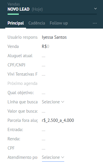 Aba Principal do card no Kommo, com responsável e campos de aluguel, CPF/CNPJ, próximo agendamento, objetivo, linha, valor, parcela, entrada e renda